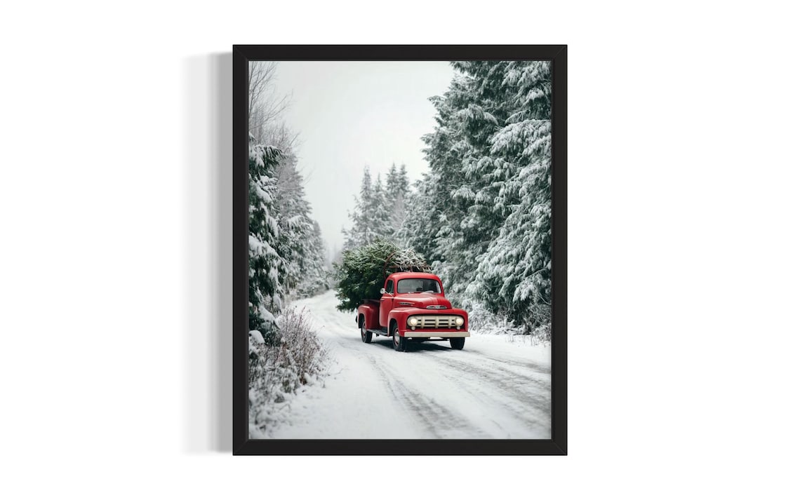 Classic Red Vintage Pickup Truck With Christmas Tree In Snow Poster
