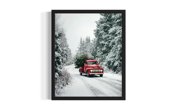 Classic Red Vintage Pickup Truck With Christmas Tree In Snow Poster