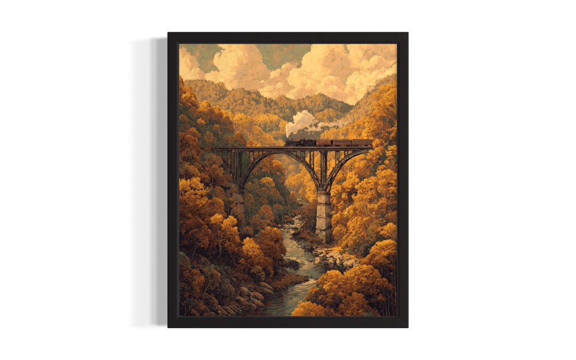 Steam Train Railroad Bridge Autumn Gorge Landscape Painting Poster