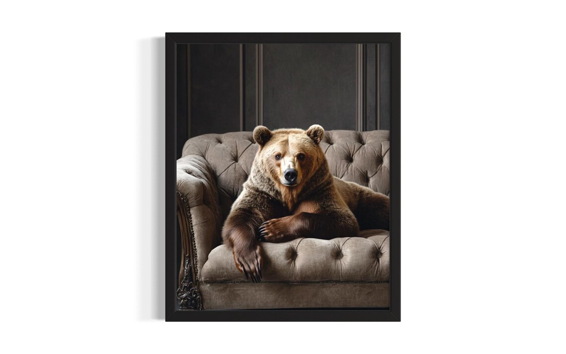 Brown Bear Lounging on Tufted Velvet Sofa Moody Elegant Art Poster