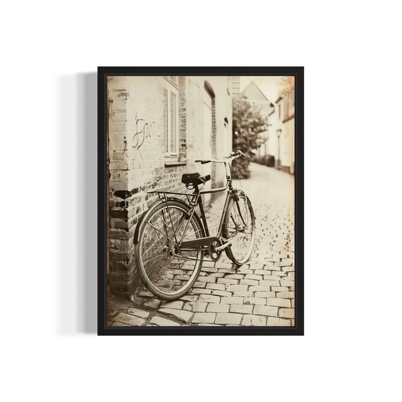 Antique Retro Bicycle Against Stone Wall Sepia Vintage Photo Poster