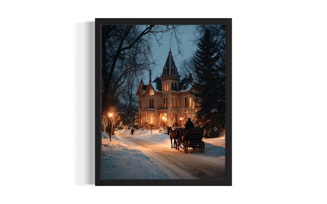 Victorian Mansion Snowy Evening Horse Carriage Lantern Glow Poster