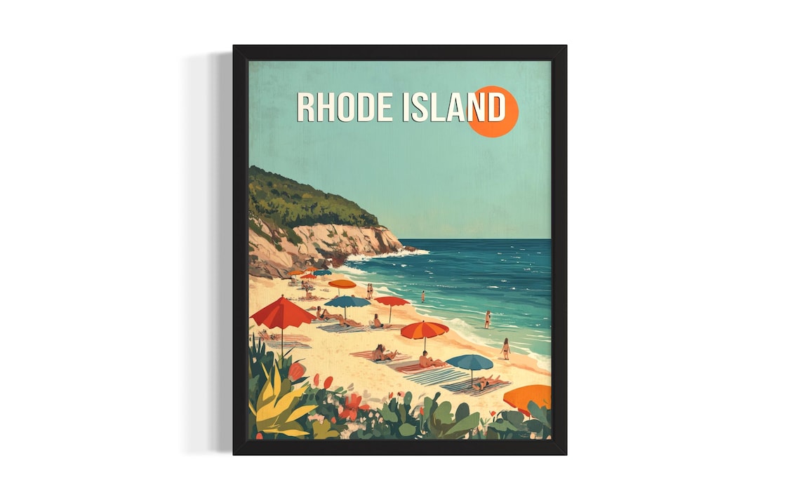 Rhode Island Beach Umbrellas Retro Summer Travel Coastal Art Poster