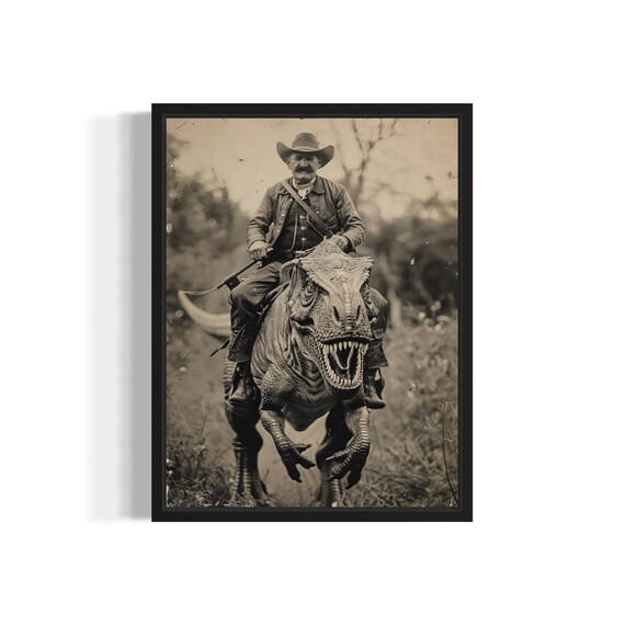 Ranger Riding a T Rex Dinosaur in the Wild Sepia Vintage Western Poster