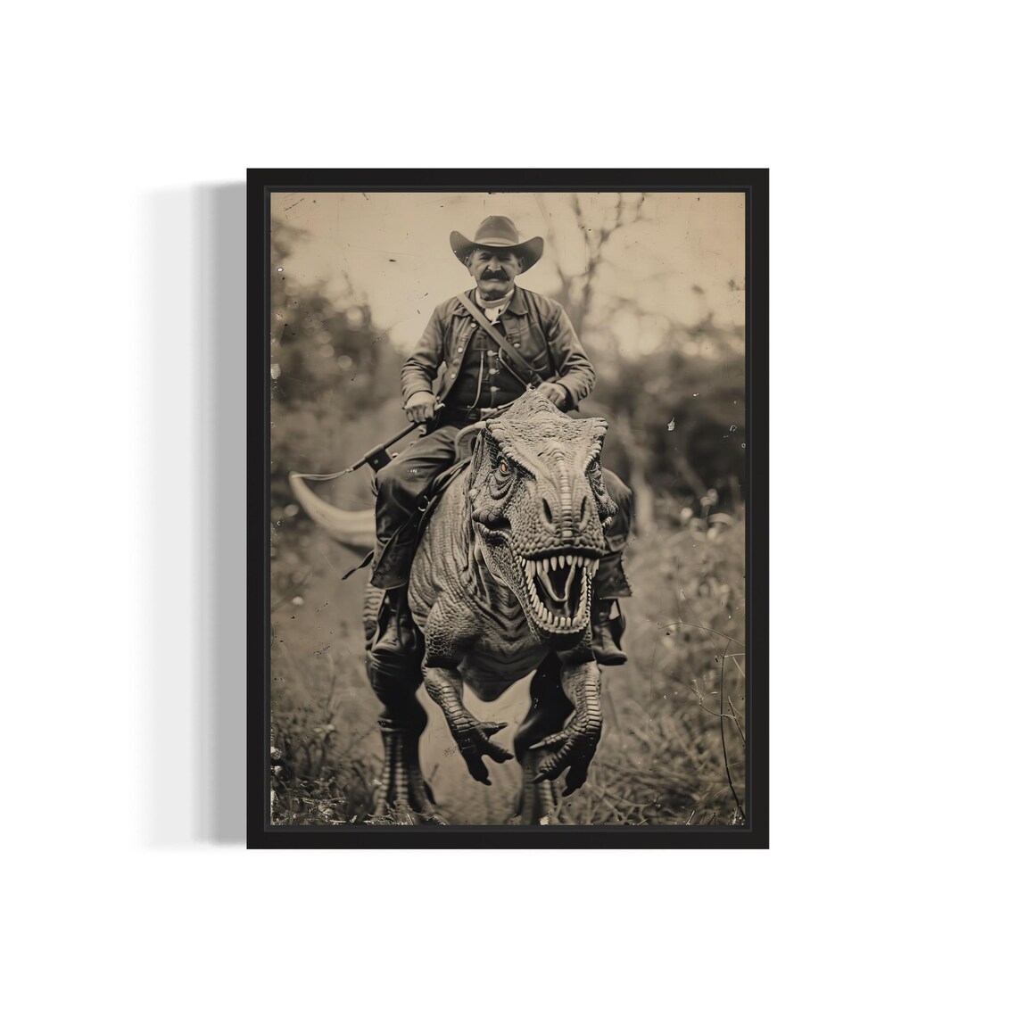 Ranger Riding a T Rex Dinosaur in the Wild Sepia Vintage Western Poster