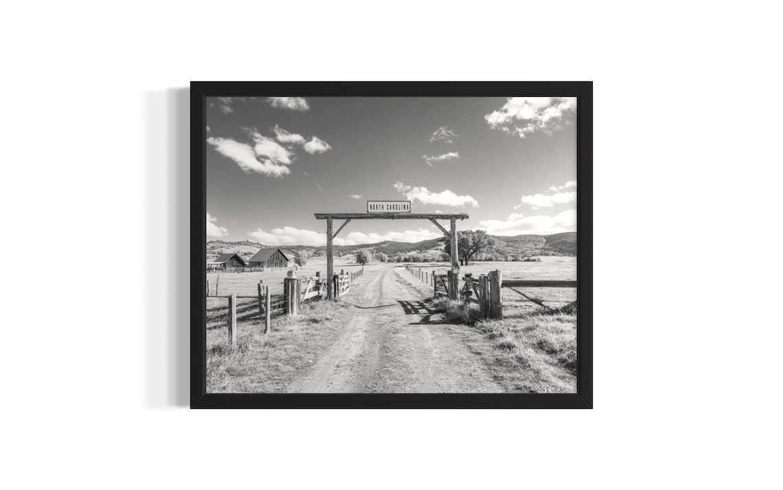 North Carolina Ranch Gate Country Road Black White Photo Poster