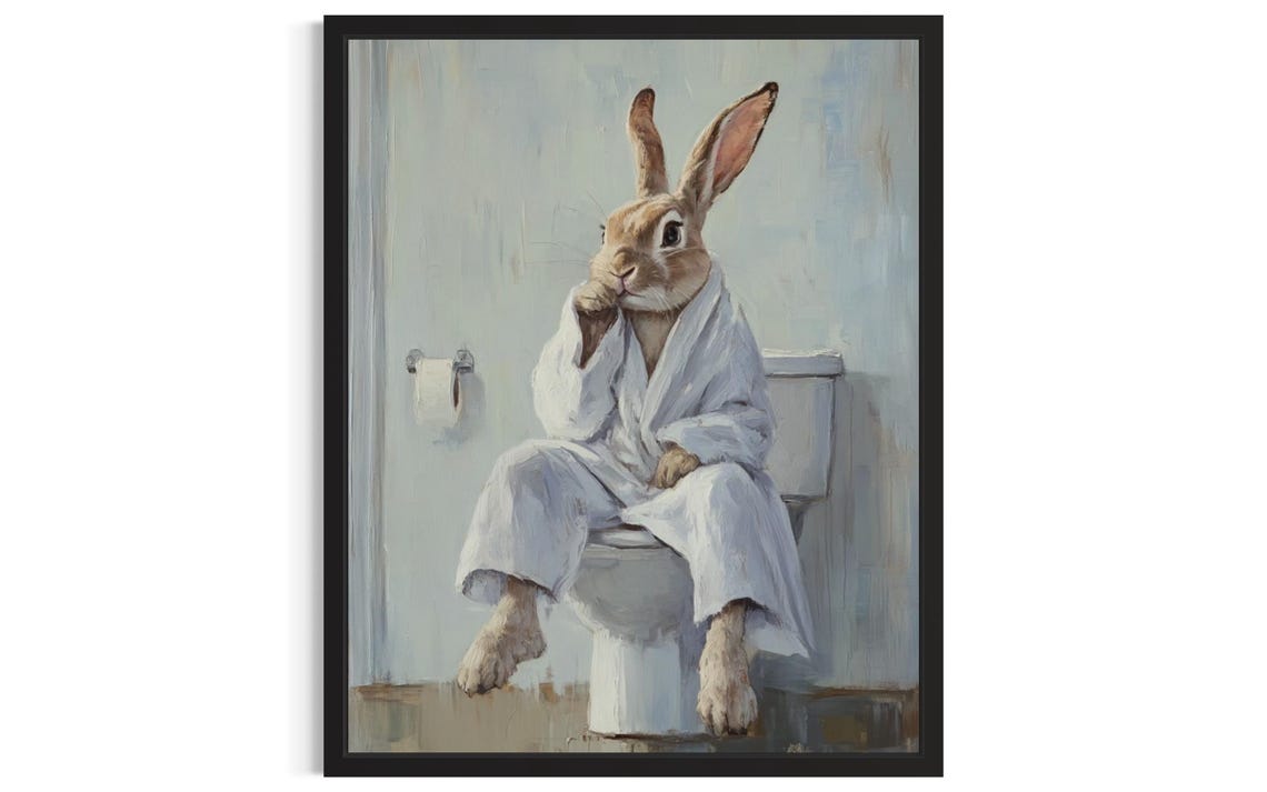 Rabbit Animal Restroom Poster Art Print Bathroom Wall Original Painting Artwork Decor