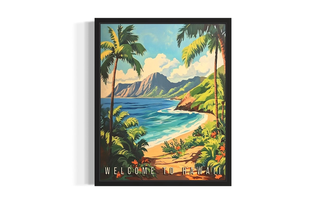 Retro Welcome To Hawaii Vintage Travel Beach Palm Painting Poster