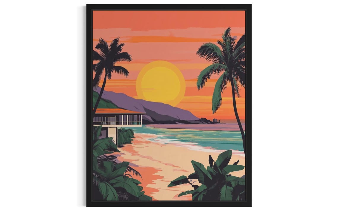 Warm Tropical Palm Framed Beach House Sunset Retro Travel Poster