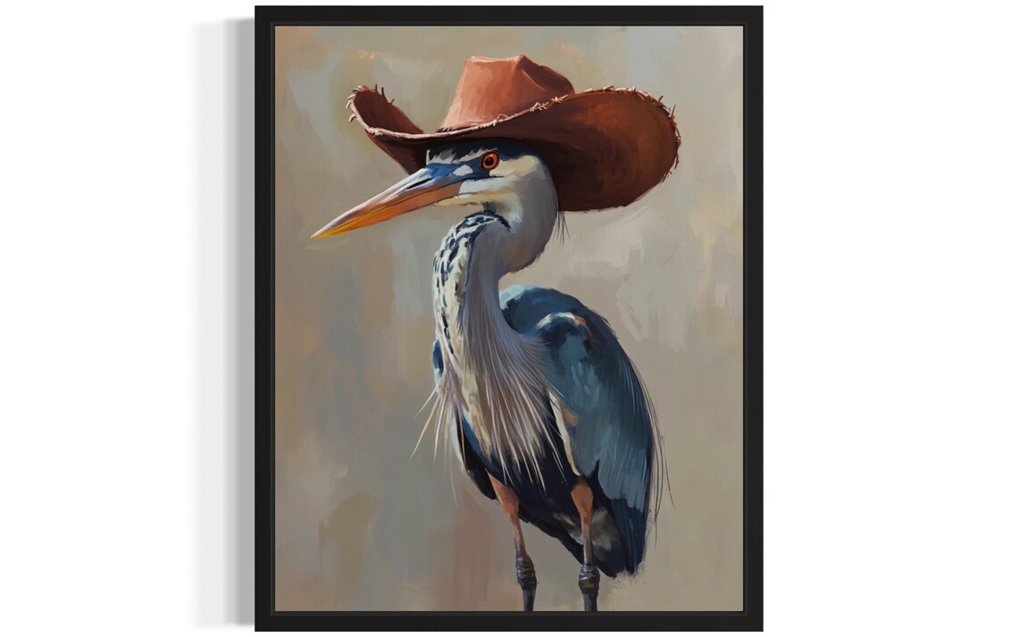 Stately Blue Heron in Cowboy Hat Funny Western Bird Portrait Poster