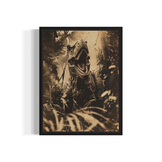 Roaring T Rex in Sepia Jungle Vintage Dinosaur Adventure Art Poster
