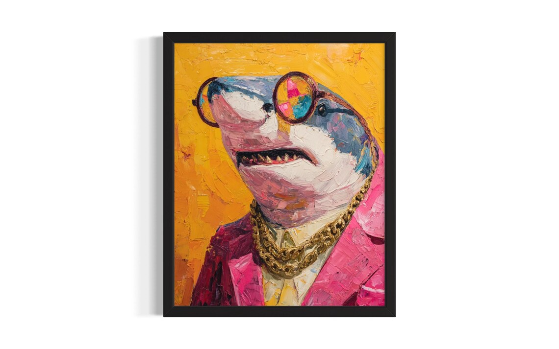 Funky Shark in Pink Suit with Round Glasses and Gold Chains Poster