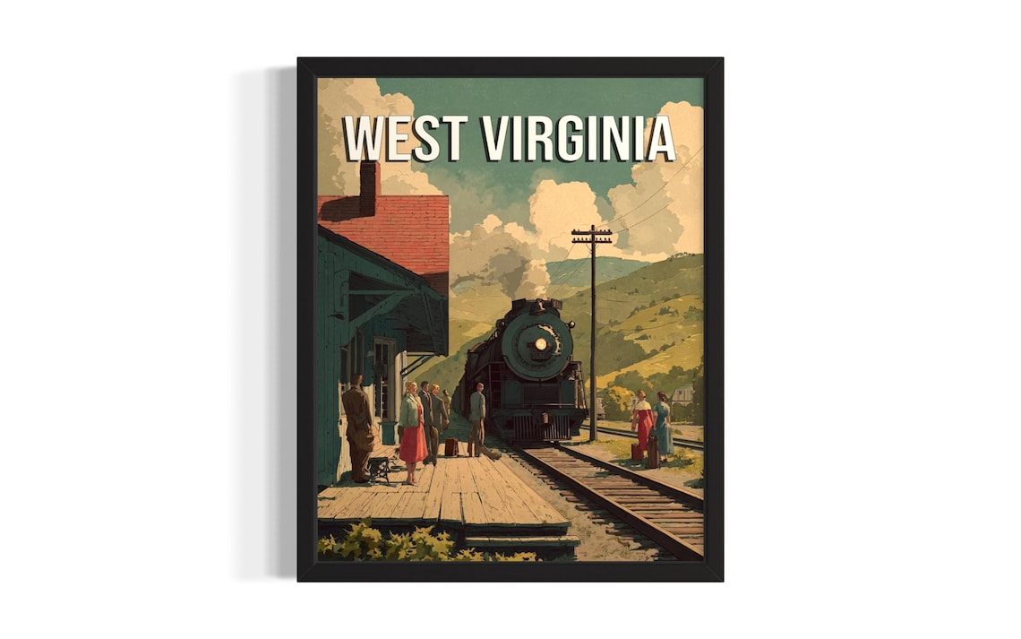 West Virginia Steam Train Station Vintage Railroad Travel Poster