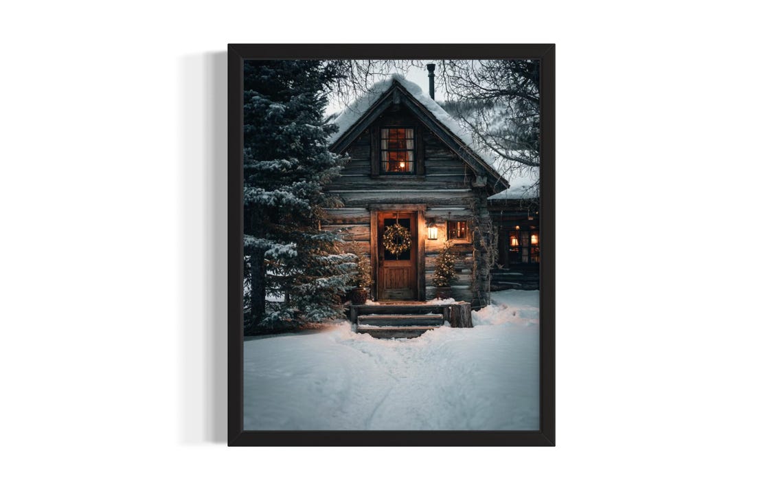 Snowy Log Cabin Wreath Lantern Winter Night Cozy Scene Poster
