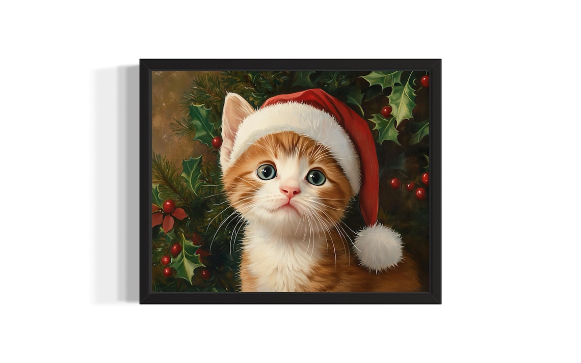 Orange Kitten in Santa Hat with Holly Berries Christmas Art Poster