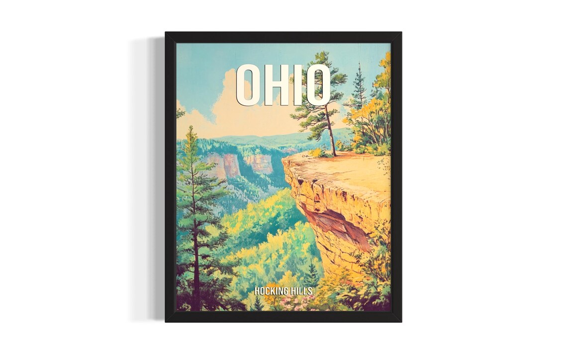 Ohio Hocking Hills Cliff Overlook Vintage Style Travel Poster