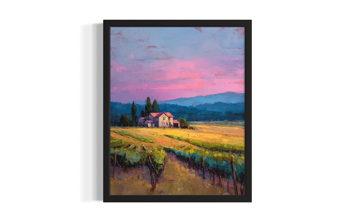 Vintage Farmhouse Field Golden Sunset Country Landscape Poster