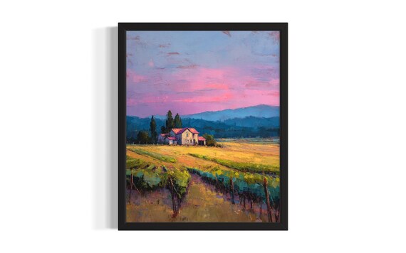 Vintage Farmhouse Field Golden Sunset Country Landscape Poster