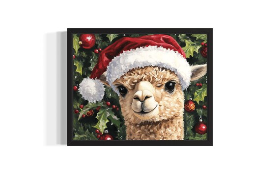 Alpaca in Santa Hat with Christmas Ornaments Holly Painting Poster