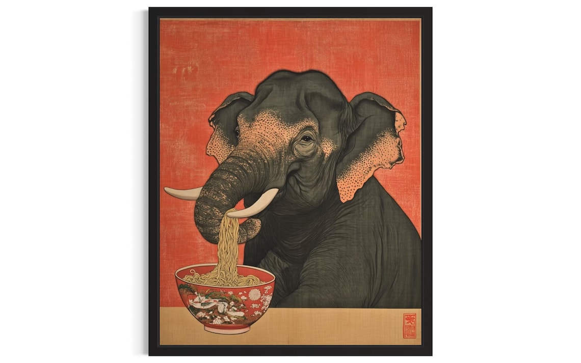Elephant Slurping Ramen Noodles Japanese Style Funny Animal Poster