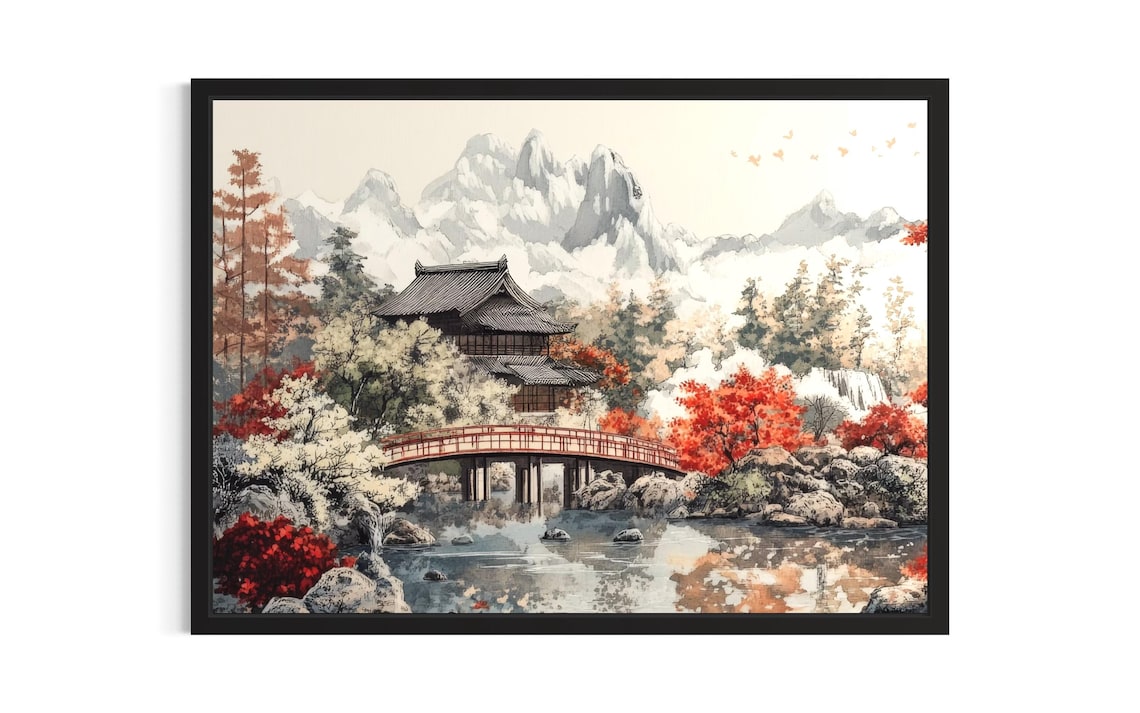 Serene Japanese Zen Garden Temple Bridge Autumn Landscape Poster