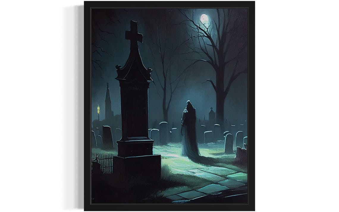 Lone Robed Ghost Under Moonlight Among Old Tombstones Poster