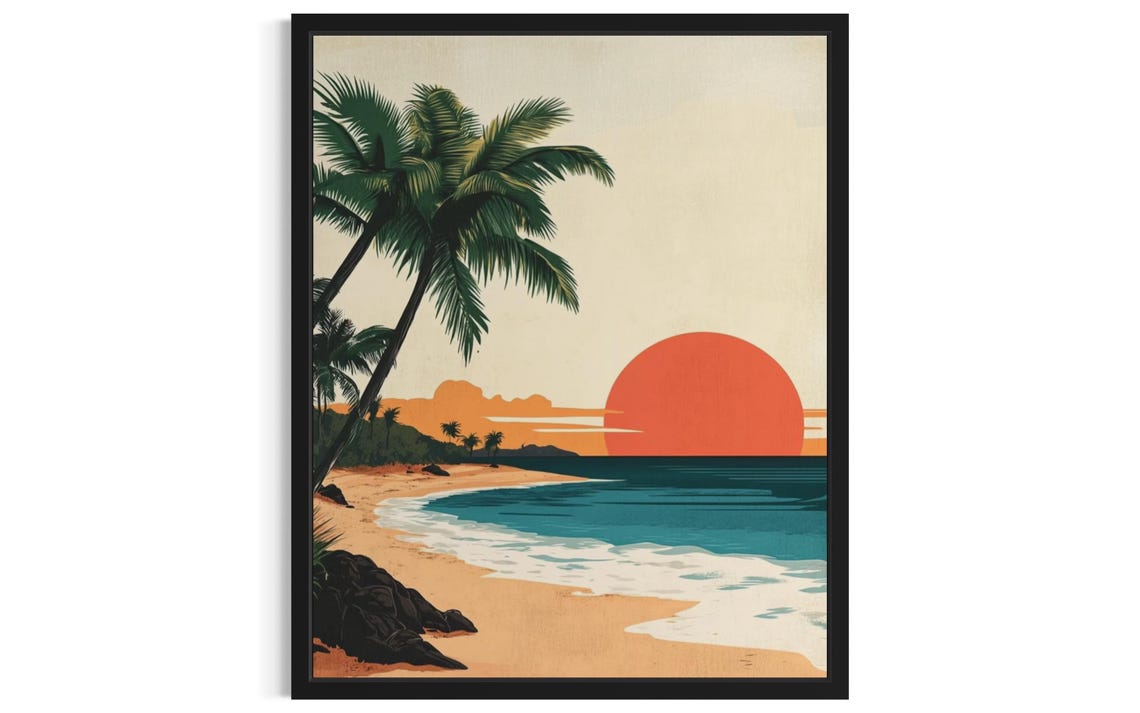 Tropical Sunset Beach Palms Island Hills Vintage Travel Poster