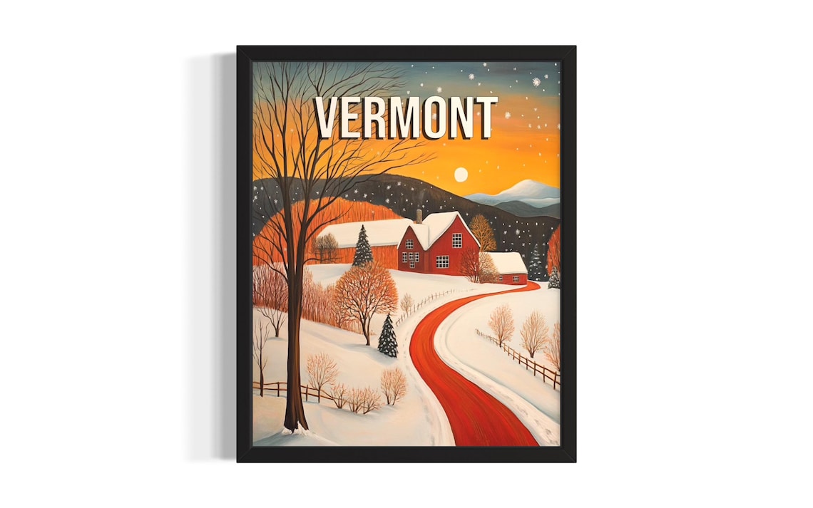 Vermont Winter Red Barn Snowy Sunset Folk Art Wonderland Poster