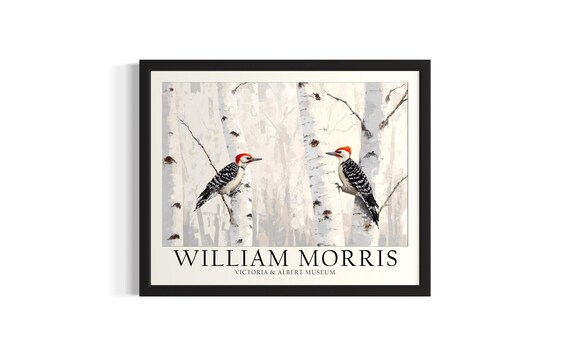 Two Woodpeckers in a White Birch Forest William Morris Style Art Poster