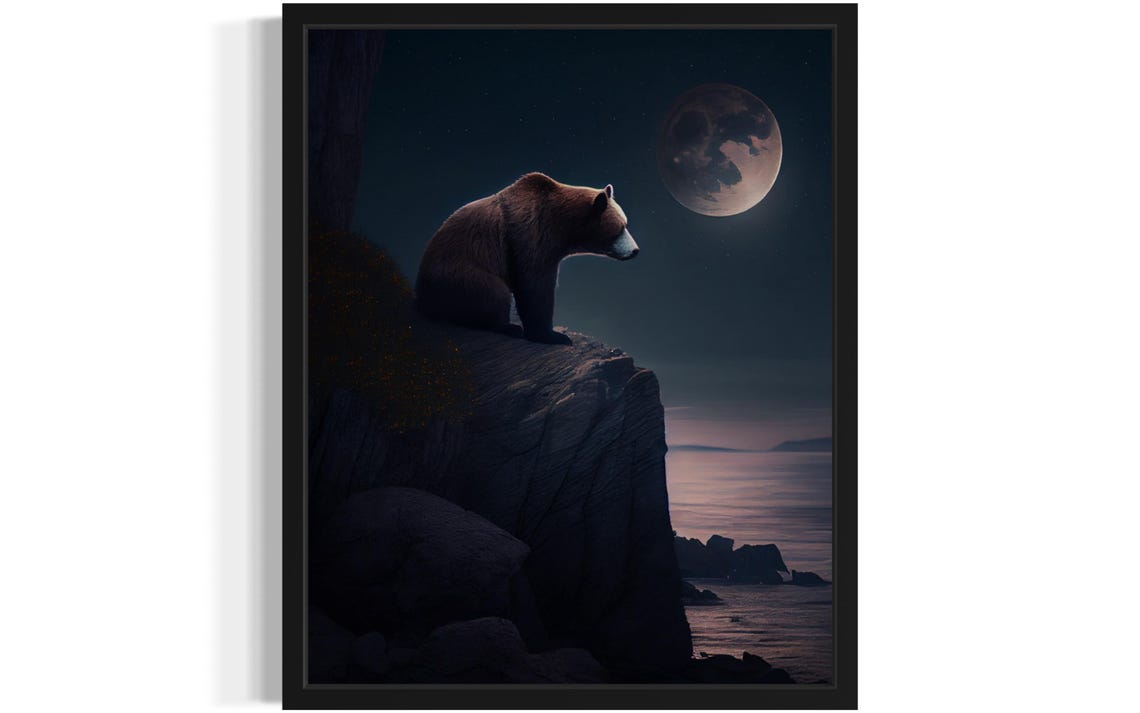 Brown Bear Sitting on a Cliff Gazing at the Moon Night Sea Poster