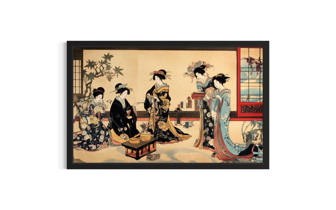Five Geishas in Silk Kimonos Traditional Japanese Art Poster