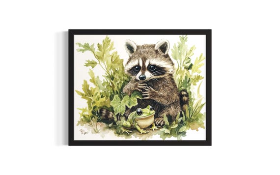 Raccoon And Frog Animal In Harmony Forest Wildlife Poster Art Print Living Room Wall Original Painting Artwork Decor