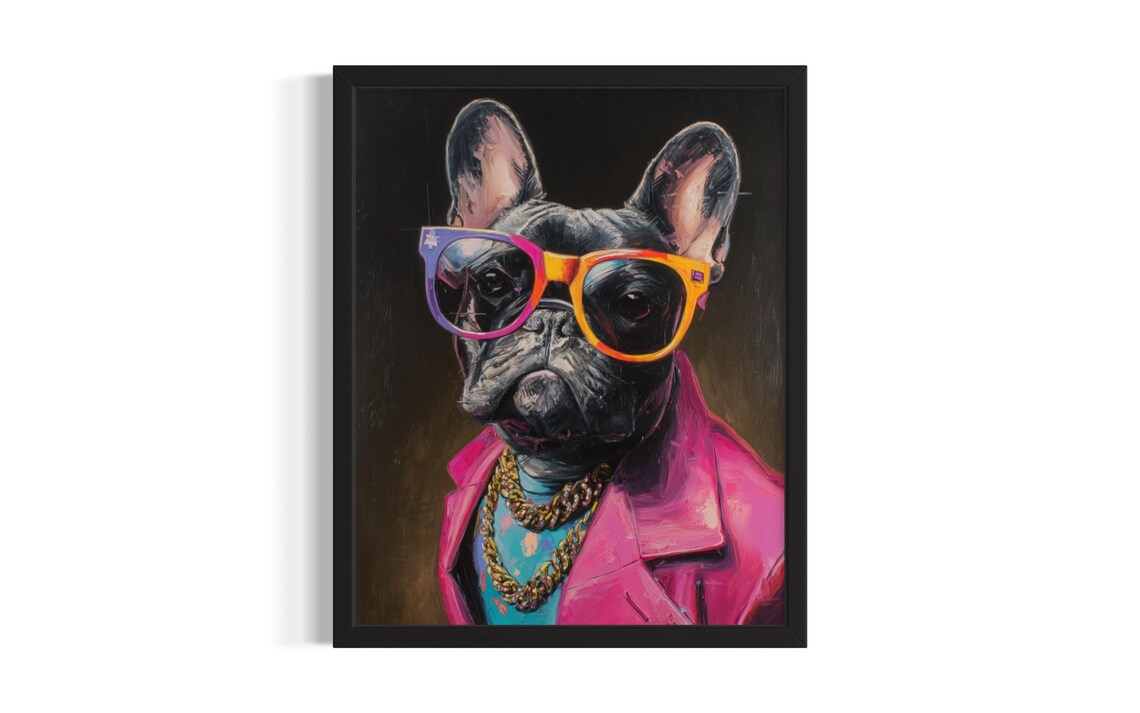 French Bulldog Hip Hop Portrait Colorful Sunglasses Pink Suit Poster