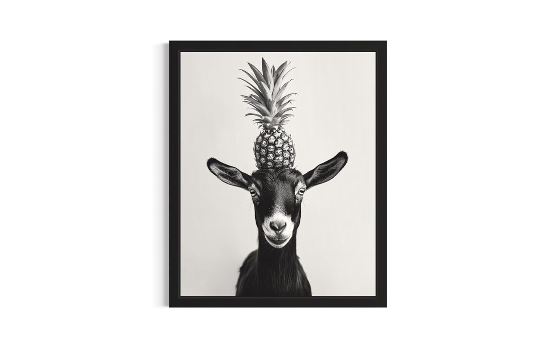 Goat Pineapple Hat Black and White Funny Animal Portrait Poster