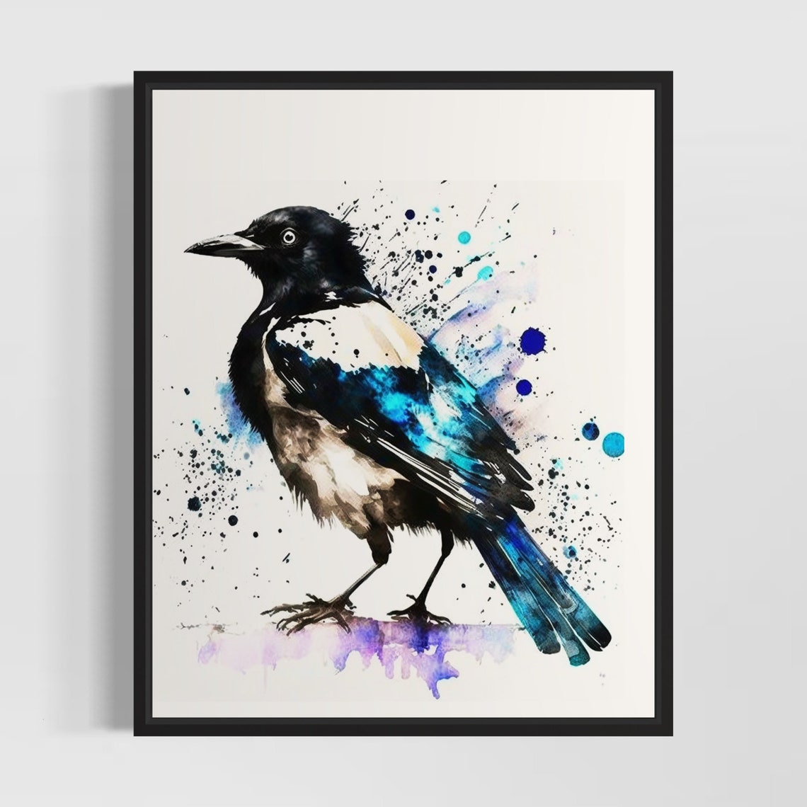 Elegant Magpie Bird Black and Blue Watercolor Splash Art Poster