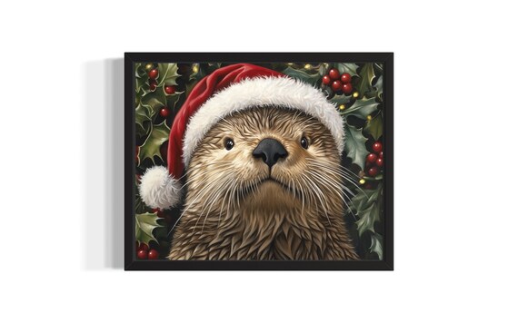 Sea Otter Wearing A Santa Hat Among Holly Berries Christmas Poster