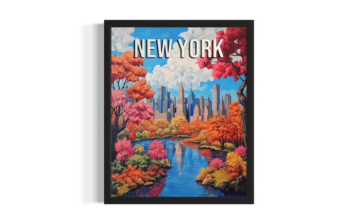 New York Autumn Park Lake Colorful Fall Foliage Skyline Poster