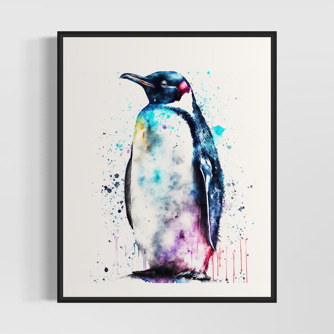 Vibrant Watercolor Penguin Portrait in Blue Purple Splash Poster