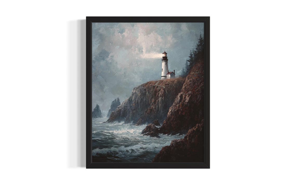 Lighthouse Rocky Cliff Stormy Sea Dramatic Ocean Waves Art Poster