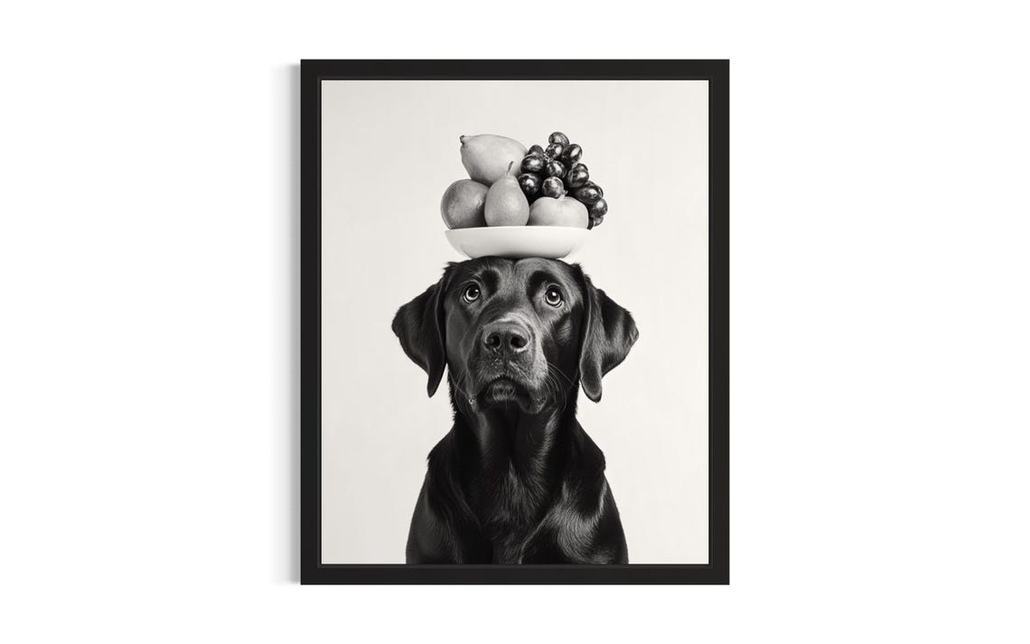 Labrador Retriever Balancing Fruit Bowl on Head Funny Kitchen Poster