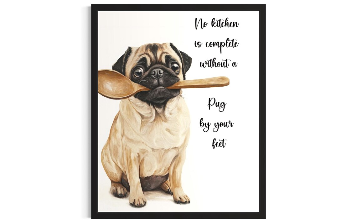 Cute Pug Dog Gripping Wooden Spoon Kitchen Wall Decor Poster