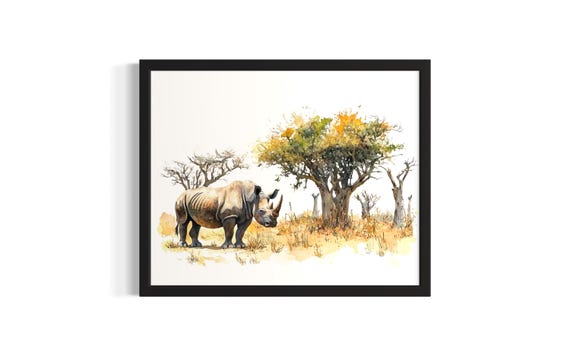 Rhino And Oxpecker Animal In Safair Harmony Poster Art Print Living Room Wall Original Painting Artwork Decor