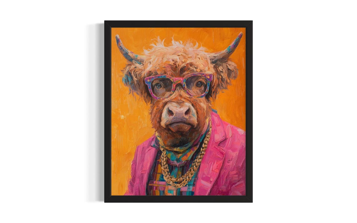 Funky Highland Cow in Pink Suit with Colorful Glasses Oil Poster