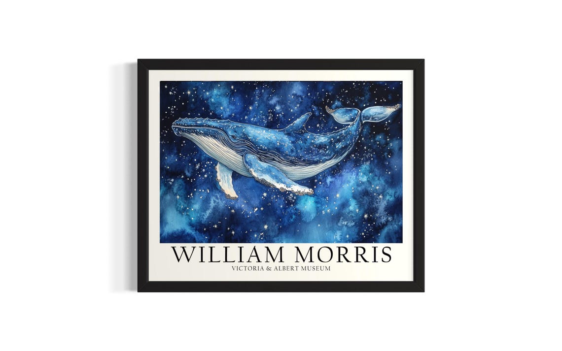 Humpback Whale in a Deep Blue Starry Night William Morris Art Poster