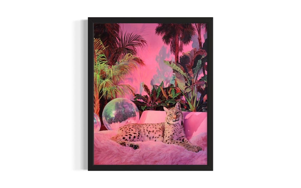 Leopard Lounging on Pink Velvet Sofa with Disco Ball Party Poster