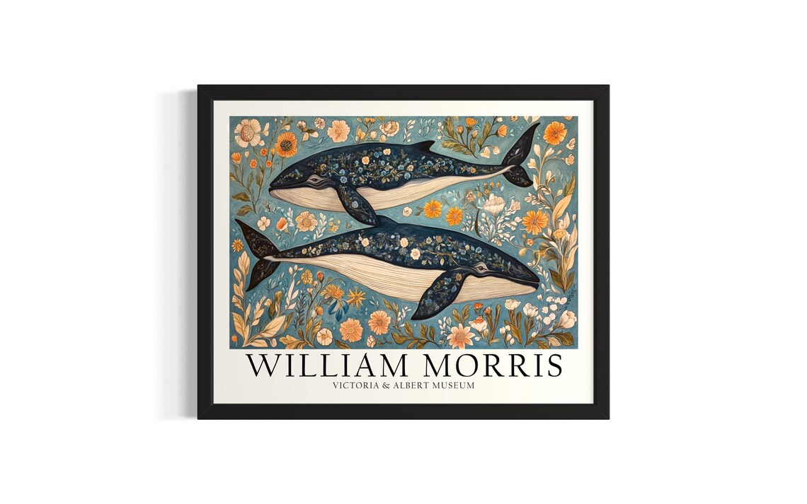 Two Blue Whales Among Orange Blossoms William Morris Style Art Poster