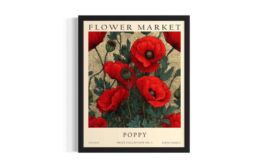 Poppy Flower Market Red Bloom Bold Classic Vintage Botanical Poster