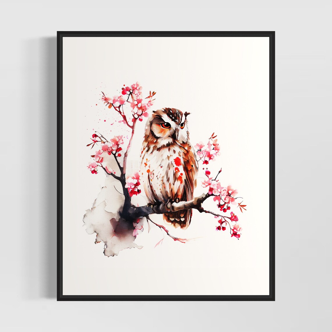 Great Horned Owl in Cherry Blossoms Watercolor Wildlife Bird Poster