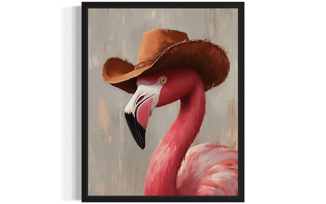 Tall Pink Flamingo in Cowboy Hat Funny Western Bird Portrait Poster