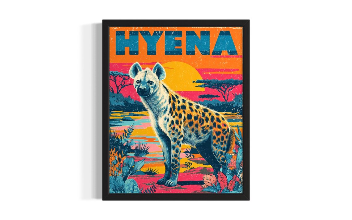 Hyena Savanna Sunset Scene Colorful Pop Art Animal Portrait Poster